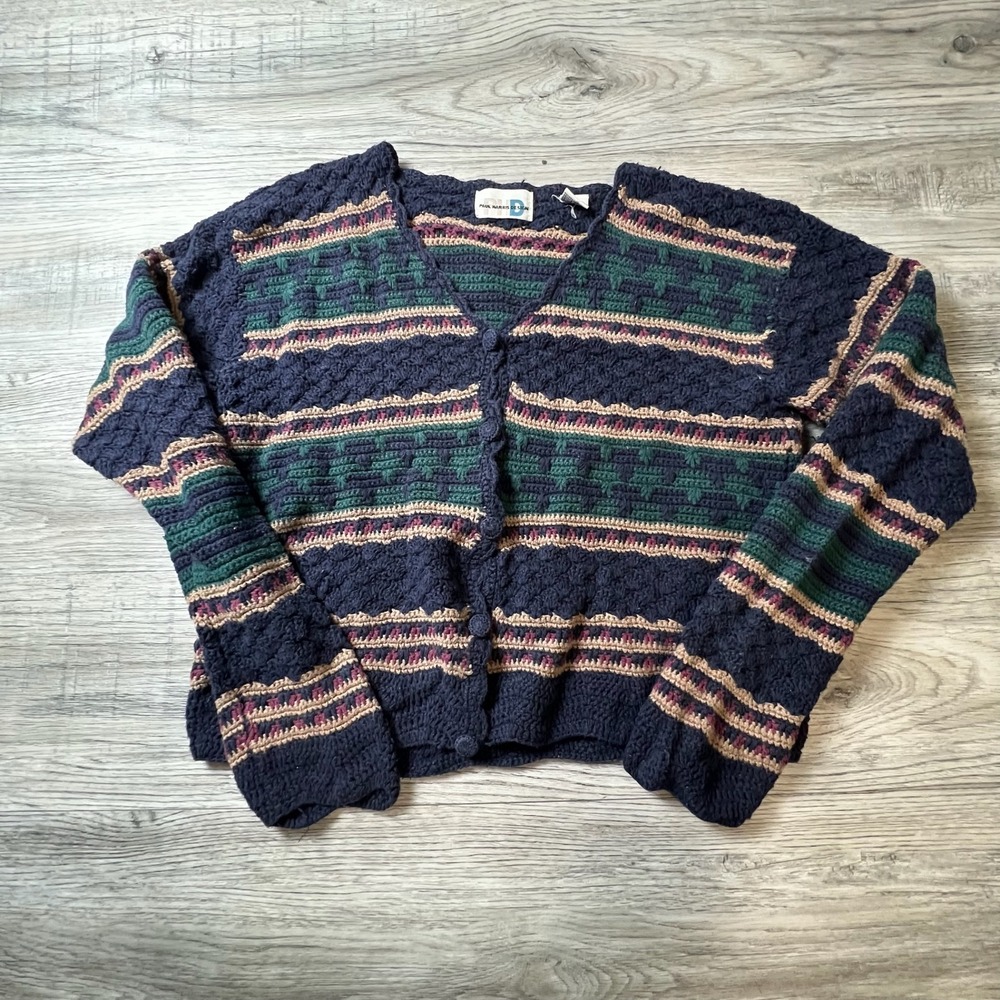 Paul Harris Design Crochet Cardigan Womens Navy Blue Vintage 90s Striped Boho